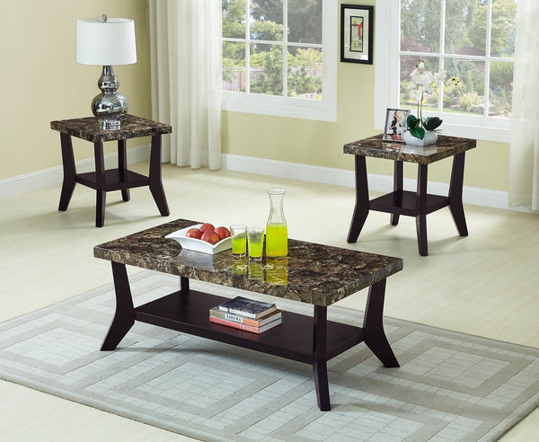 English Elm Faux Marble Tops 3-Piece Table Set with Built-In Shelves, Rectangular Coffee & Two End Tables Brown B011P405669