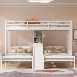 English Elm Twin Triple Bunk Bed with Built in Desk Open Shelving and Led Task Lighting White N7090002243K