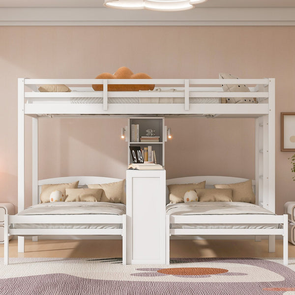 English Elm Twin Triple Bunk Bed with Built in Desk Open Shelving and Led Task Lighting White N7090002243K