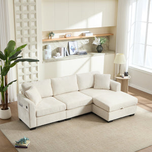 English Elm Modern Chenille L-shaped Sectional with Usb Charging Ottoman Storage Living Room Couch Beige W2120S00016