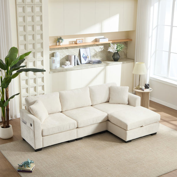 English Elm Modern Chenille L-shaped Sectional with Usb Charging Ottoman Storage Living Room Couch Beige W2120S00016