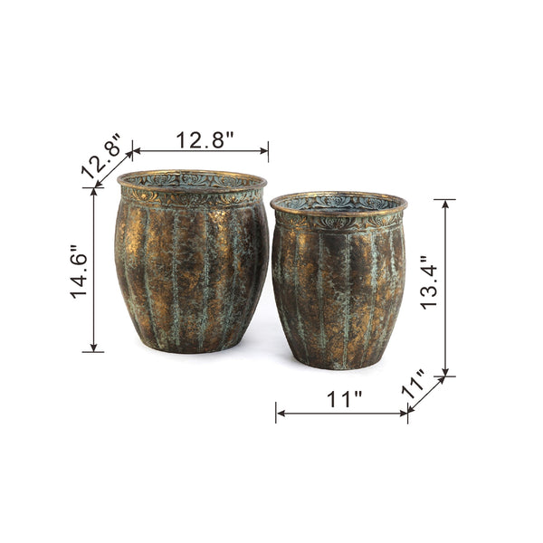 English Elm Set of 2 Distressed Iron Planters with Golden Patina for Indoor Outdoor Decor W2078P498286