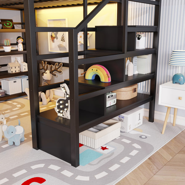 English Elm Full Metal Loft Bed with Stair Storage Rgb Lighting and Charging Station for Teens Black W2580S00074