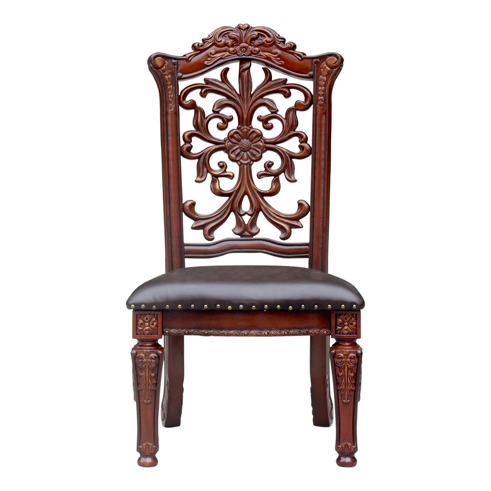 English Elm Brown Side Chairs Set Of 2 - Elegant Nailhead Trim, Floral Design, Comfortable Pu Seats For Dining B062P209284