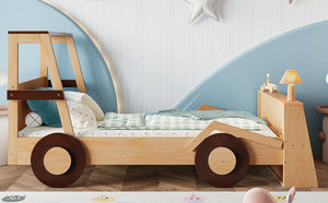 English Elm Twin Pine Treehouse Floor Bed with Padded Rails and Cabin Roofline for Kids W1580S00472