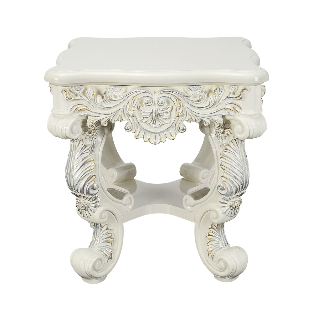 English Elm Adara Antique White Finish End Table with Floral Sculpture Legs, 45mm Top, Square Accent Table B2726P278585