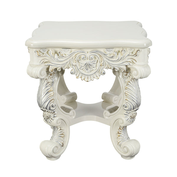 English Elm Adara Antique White Finish End Table with Floral Sculpture Legs, 45mm Top, Square Accent Table B2726P278585