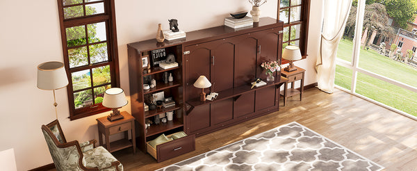English Elm Queen Murphy Bed with Built-In Shelves, Height-Adjustable Storage & Drawer for Small Spaces Walnut 71.6 L x 21.5 W x 6.1 H N733S309223D