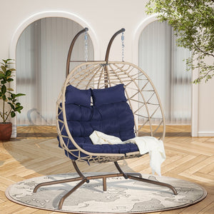 English Elm Double Hanging Egg Chair Wicker Cocoon Swing with Iron Stand for Patio Balcony W874P270568