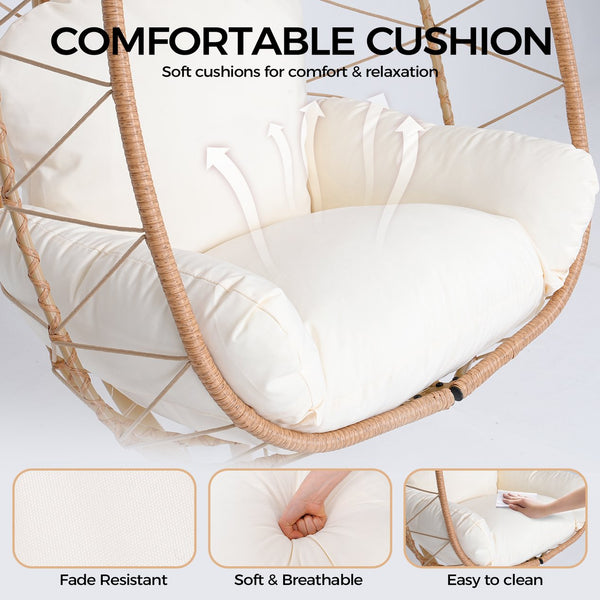 English Elm Hanging Egg Swing Chair Pe Wicker Foldable Frame with Cushion for Patio or Bedroom T5880P497565