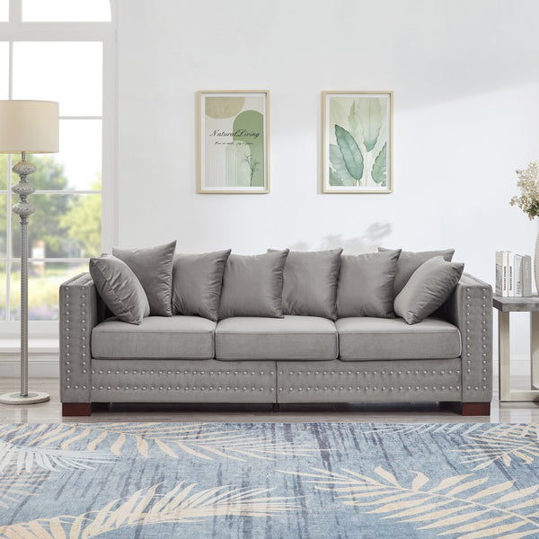 English Elm Modern Velvet Sofa With Square Arms And Silver Nailhead Accents – Perfect For Stylish Living Rooms! W1097S00187