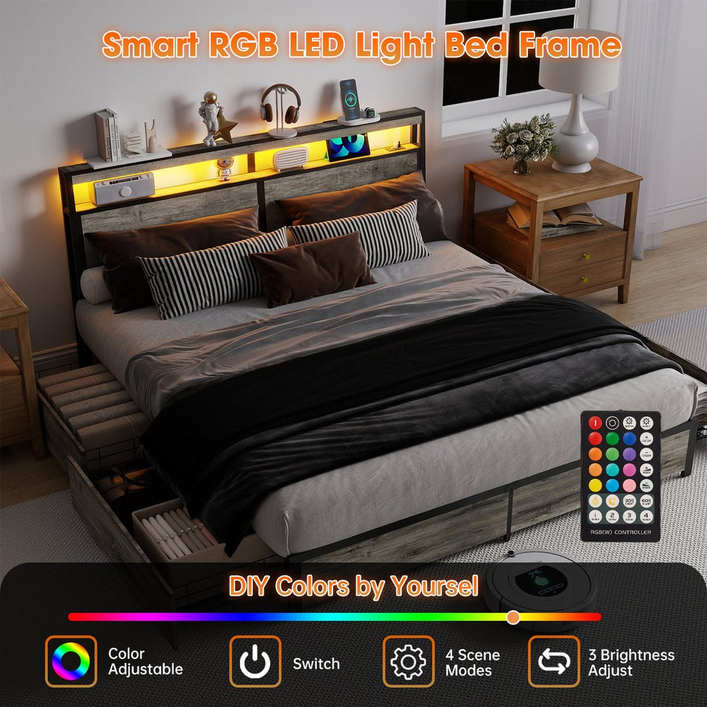 English Elm Queen Metal Platform Bed with Rgb Led Headboard Charging Station and Underbed Storage T3963P482853