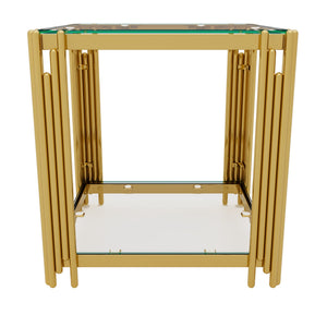 English Elm Modern Round Mirrored Glass End Table with Gold Metal Frame and Lower Display Shelf Transparent N735P380093K