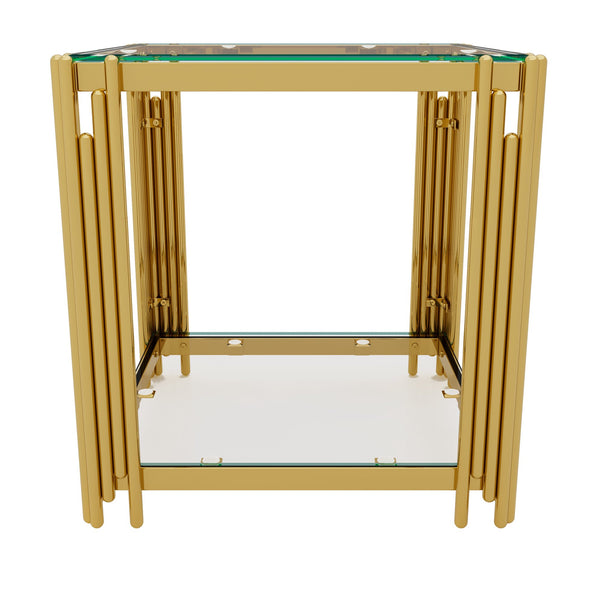 English Elm Modern Round Mirrored Glass End Table with Gold Metal Frame and Lower Display Shelf Transparent N735P380093K