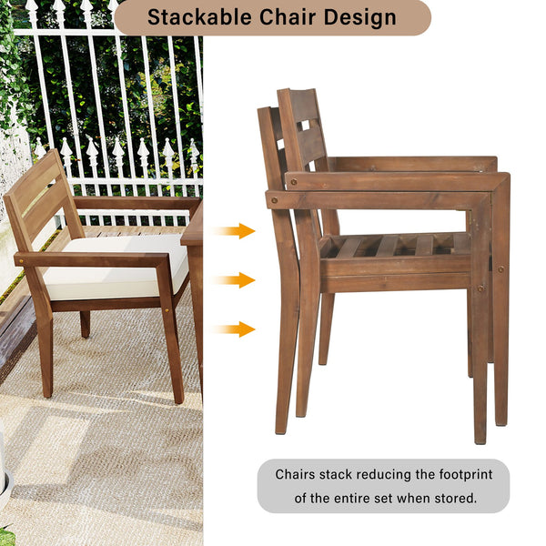 English Elm U_style Solid Acacia Wood Patio Dining Set Six Stackable Chairs Cushions Modern Outdoor Burly Wood WY000459AAD