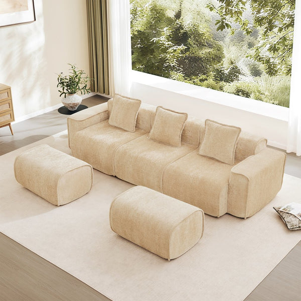 English Elm Streamlined Velvet U-shape Modular Sectional Sofa with Ottomans French Piping Cloud Foam Light Camel W3041S00353