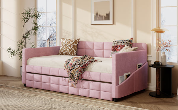 English Elm Modern Velvet Twin Daybed with Pull Out Trundle and Built in Armrest Storage Pockets Pink SF000200AAH
