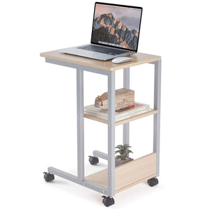 English Elm Shaped End Table with Lockable Wheels and Two-Tier Storage — C-Shape Rolling Side Table for Sofa Natural T3623P409439
