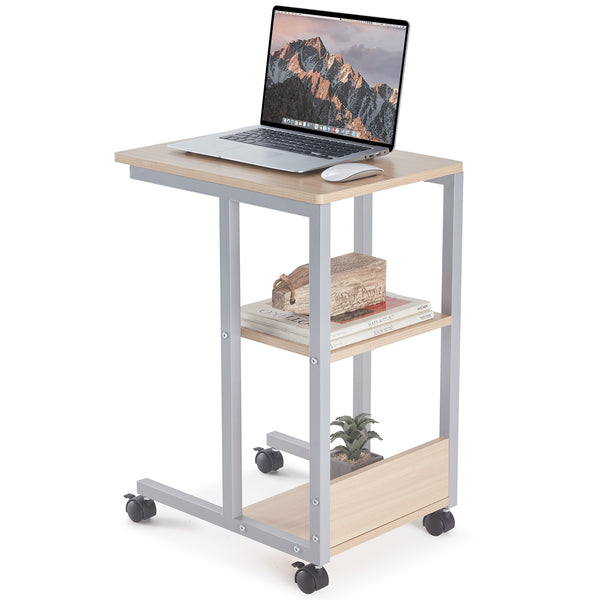 English Elm Shaped End Table with Lockable Wheels and Two-Tier Storage — C-Shape Rolling Side Table for Sofa Natural T3623P409439