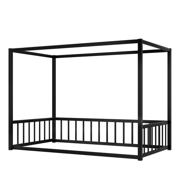 English Elm Twin Iron Frame Bed with Fence-Style Guardrails, Black Twin Low-Profile Sunshade Floor Bed, Sturdy Design W1858P282499