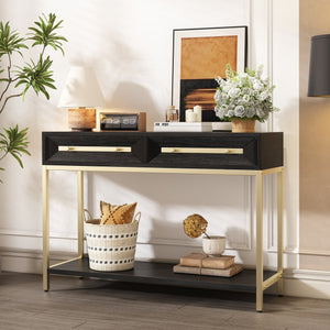 English Elm Trexm Retro Modern Console Table Two Drawers Geometric Matte Black Gold Entryway N715P227910B