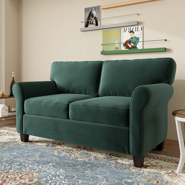 English Elm 57" Corduroy Two Seater Sofa Removable Cushions Solid Wood Frame Compact Living Room Dark Green W2715P433634