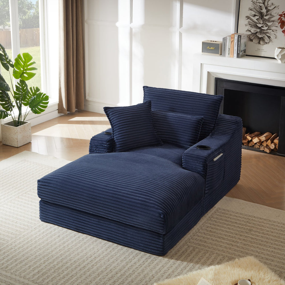 English Elm 47.24 Plush modern compression sofa with S-curve arms, cup holders, cotton lumbar pillow and deep seat comfort Blue W3396P373318