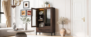 English Elm 60'' Tall Display Cabinet with LED Lighting, Tempered Glass Doors, 4 Adjustable Shelves & Drawers Black + Dark Walnut N845P261801D