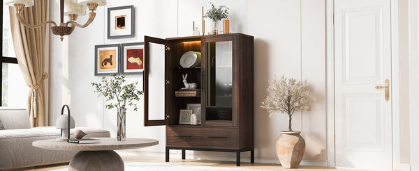 English Elm 60'' Tall Display Cabinet with LED Lighting, Tempered Glass Doors, 4 Adjustable Shelves & Drawers Black + Dark Walnut N845P261801D