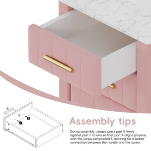 English Elm Upholstered Velvet Nightstand with Faux Marble Top Three Drawers and Slim Metal Legs Pink N733P208520H