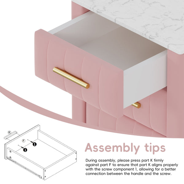 English Elm Upholstered Velvet Nightstand with Faux Marble Top Three Drawers and Slim Metal Legs Pink N733P208520H
