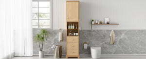 English Elm 67.7" Tall Freestanding Bathroom Cabinet with 3 Drawers, Open Shelves, Gold Handles, Anti-Tip Safety N729P335604O
