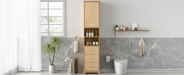 English Elm 67.7" Tall Freestanding Bathroom Cabinet with 3 Drawers, Open Shelves, Gold Handles, Anti-Tip Safety N729P335604O