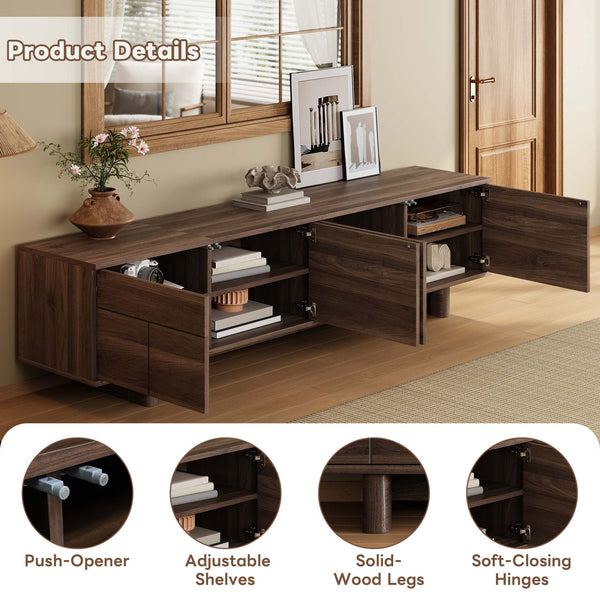 English Elm 78 Inch Low Profile Media Console with Pine Legs Soft Close Doors for Living Room N710P429519Q