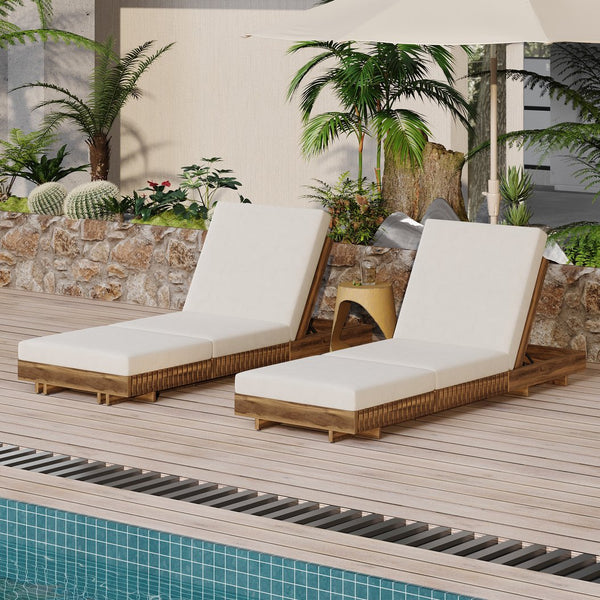 English Elm Christopher Knight Home® - Lounge Chaise Set - Elegant Acacia Wood With Cream Triple-Fold Cushion, Adjustable Backrest & Versatile Options N770P281696T_N770P208317C