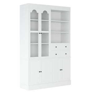 English Elm Topmax Shaker Buffet Hutch with Glass Doors Drawers and Pull-out Trays SP000092AAK