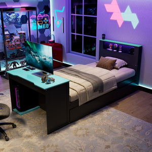 English Elm Twin Wood Gaming Daybed with Trundle Built-in Desk Rgb Lighting and Usb Port Black+Blue LT000283AAC