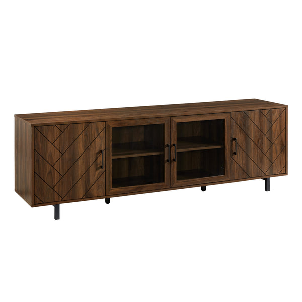 English Elm Walker Edison - Modern Scandinavian 4-Door Herringbone TV Stand 70" with Tempered Glass, Adjustable Shelves, Cord Management Dark Brown 75 L x 21 W x 7 H B185P169389