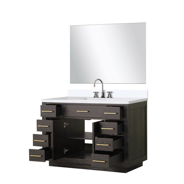 English Elm Brown Oak Single Bath Vanity Set With White Quartz Top, Chrome Faucet & 46" Frameless Mirror B2731S01959