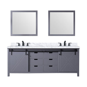 English Elm Dark Grey Double Bath Vanity 84" W x 22" D with Carrara Marble Top, Matte Black Faucets & 34" Mirrors B2731S01080