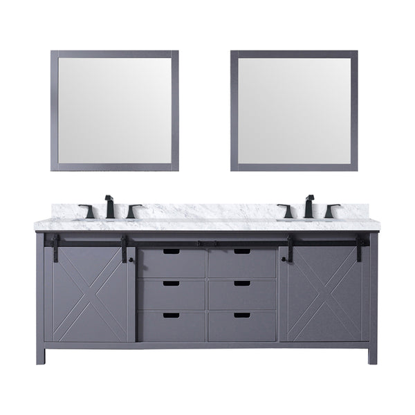 English Elm Dark Grey Double Bath Vanity 84" W x 22" D with Carrara Marble Top, Matte Black Faucets & 34" Mirrors B2731S01080