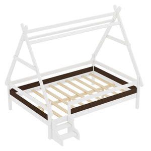 English Elm Twin House Shaped Platform Bed Solid Pine Frame with Built in Stairs for Kids Light White W1580P354720