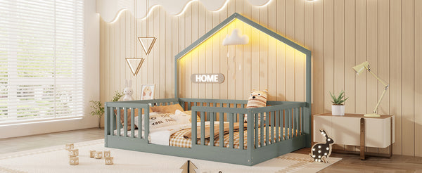 English Elm Twin Montessori Floor Bed House Frame with Led Lighting and Safety Rails for Kids Grey W2593P440606