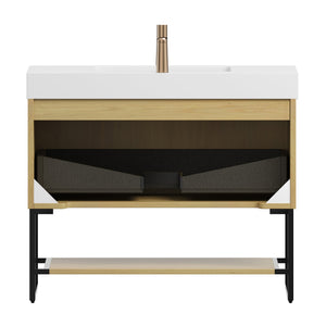 English Elm YOLAN 36" Bathroom Vanity with Integrated Solid Surface Basin, Pre-Assembled Plywood Cabinet, Soft-Close Drawer and Open Towel Shelf Golden Oak,White W2615S00253