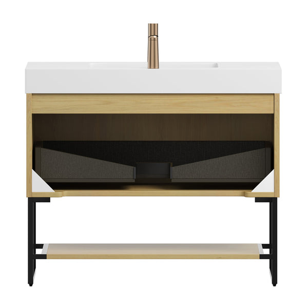 English Elm YOLAN 36" Bathroom Vanity with Integrated Solid Surface Basin, Pre-Assembled Plywood Cabinet, Soft-Close Drawer and Open Towel Shelf Golden Oak,White W2615S00253