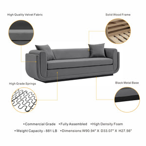 English Elm Edmonda 91" Velvet Sofa with Black Metal Base, Pine Frame, High-Density Foam & 2 Pillows, Commercial Grade DARK GREY B365P398105
