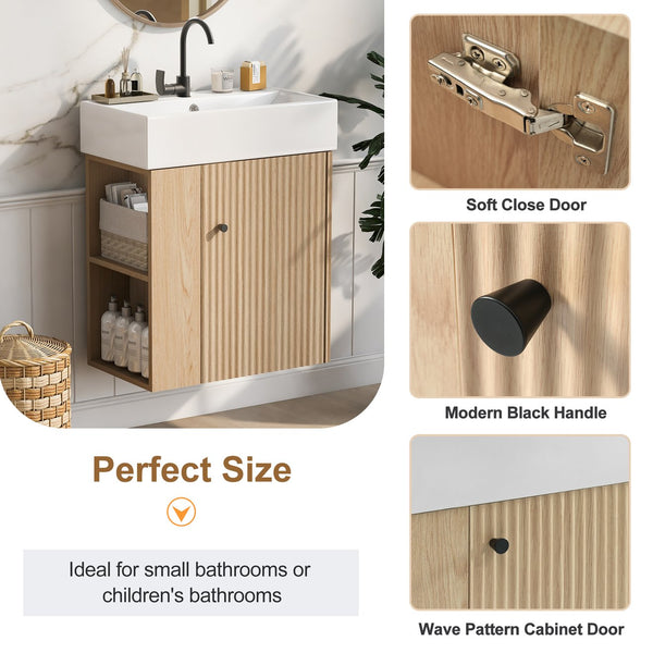 English Elm 21.6 Modern Floating Bathroom Vanity with Ceramic Basin, Wave Door, Rose Gold Handle, Space-Saving Wood N729P170390D