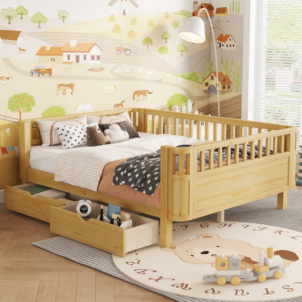 English Elm Twin Kids Platform Bed Solid Pine White Finish with Storage Drawers and Safety Rails Natural W2593P409119