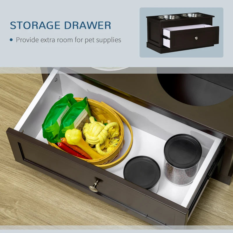 English Elm Pet Feeding Station with Raised Stainless Bowls Mdf Stand and Storage Drawer Brown T3971P433979