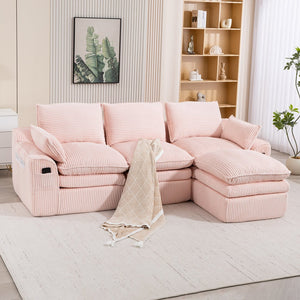 English Elm L Shaped Corduroy Modular Sectional with Cloud Cushions Footstool and Lumbar Pillows Pink W395S00138